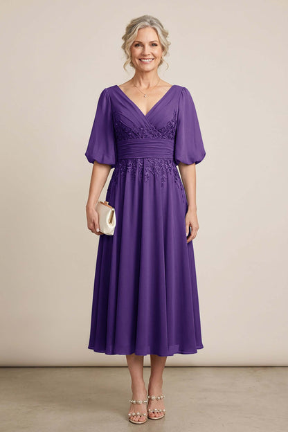 Dusty Blue V-Neck Lace Chiffon Tea-Length Mother Dresses