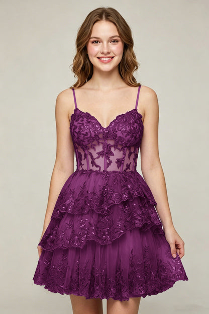 Lavender Sequin Layered Tiered Short Tulle Homecoming Dresses