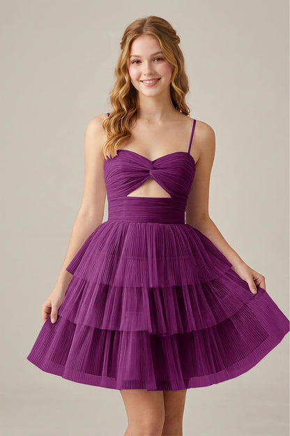 Olive Green Sleeveless Pleated Tulle Cutout Tiered Homecoming Dresses