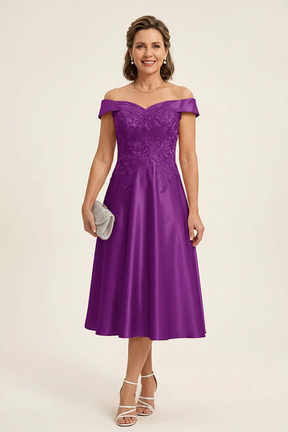 Peach Pink Off Shoulder Imitation Stretch Satin Tea-Length Mother Dresses