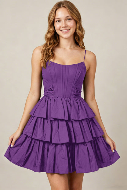 Spaghetti Straps Black Taffeta Tiered Mini Homecoming Dresses