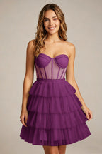 Strapless Mint Green Tulle Tiered Homecoming Dresses With Illusion Corset