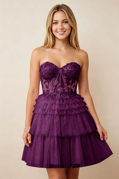 Strapless Misty Rose Lace Illusion Corset Glitter Tulle Homecoming Dresses
