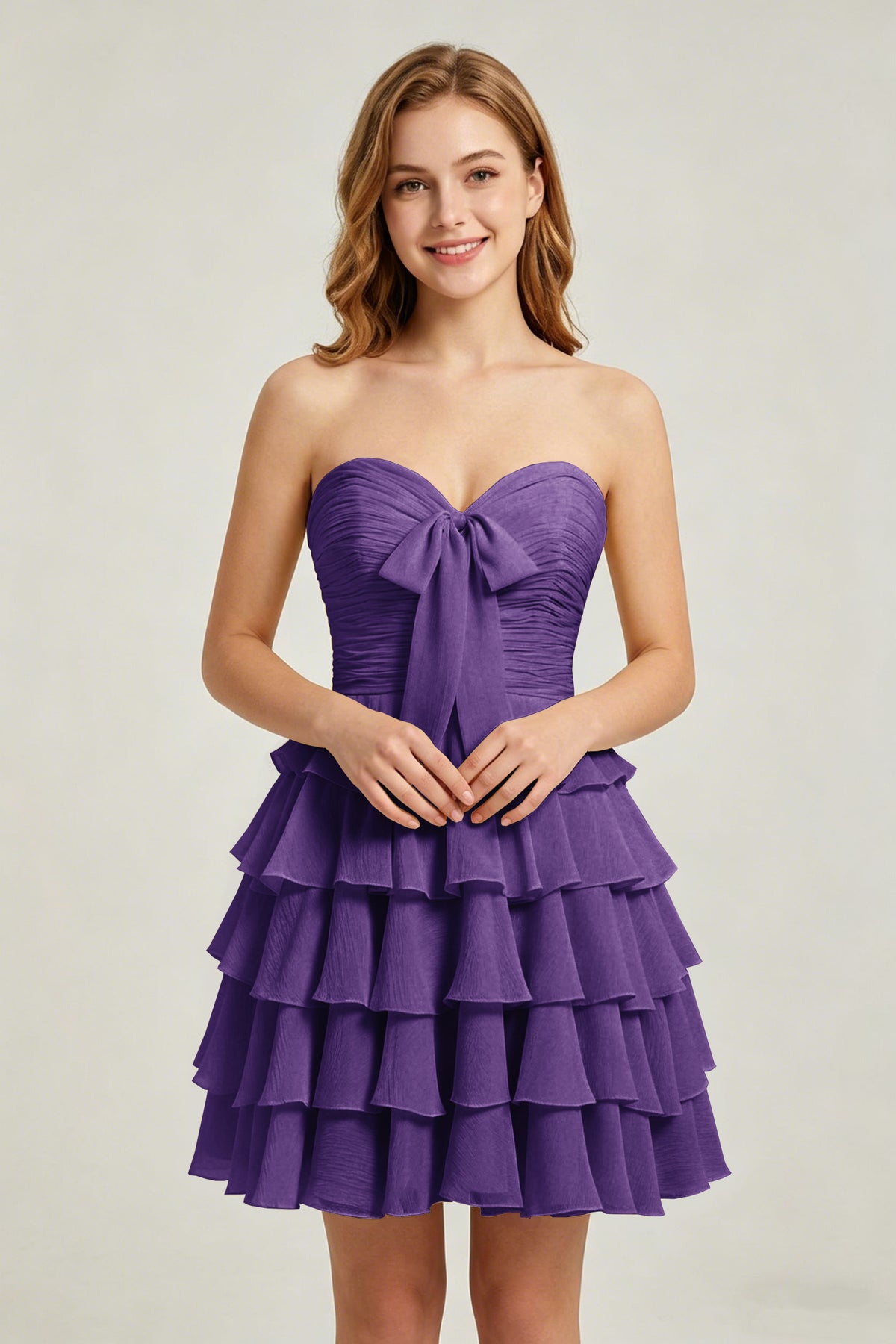 Strapless Yellow Chiffon Tiered Short Homecoming Dresses with Bow
