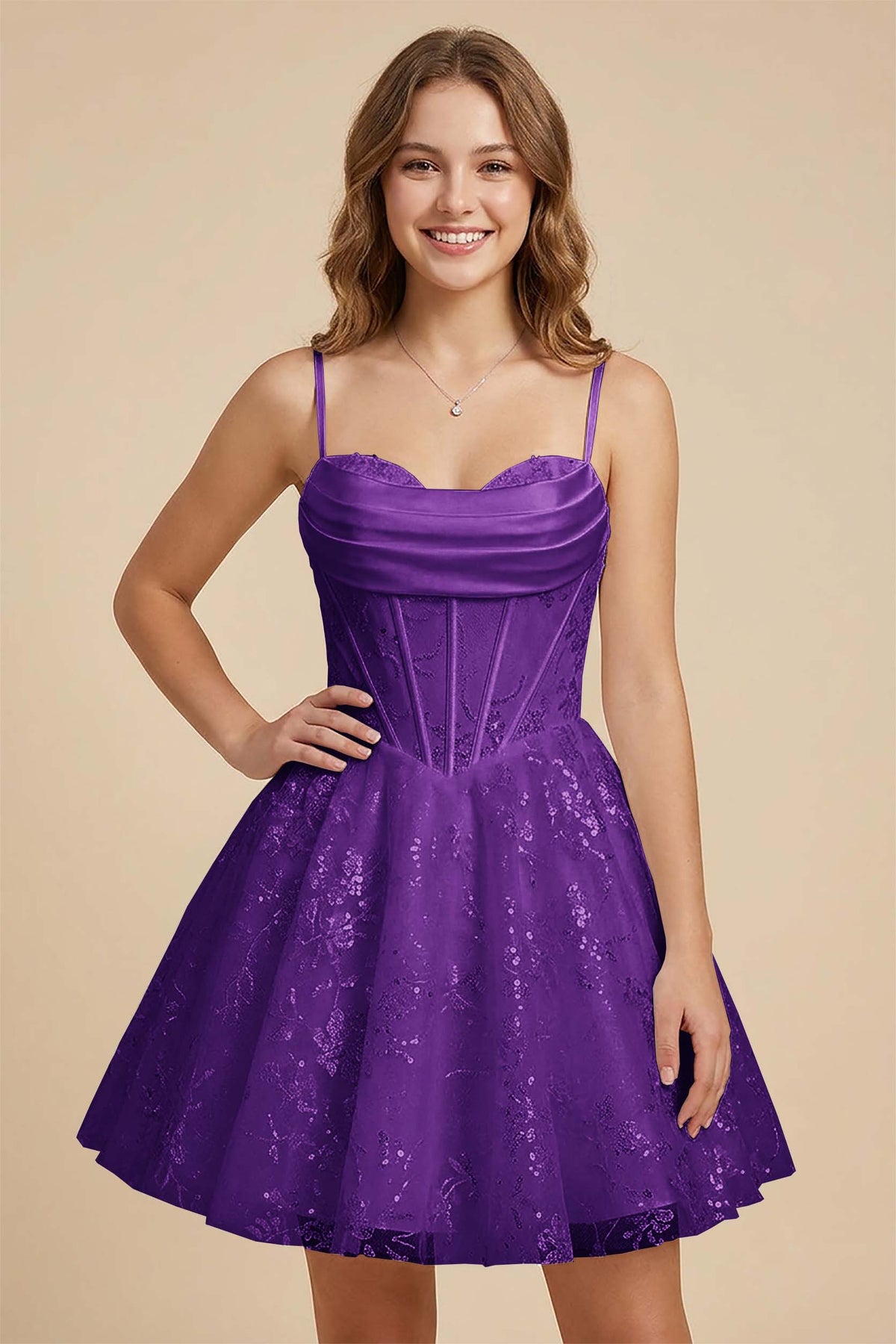White Cowl Neck Sequin Satin Corset Homecoming Dresses