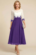 Navy Blue 3/4 Sleeve Two-Tone Lace Chiffon Mother Dresses