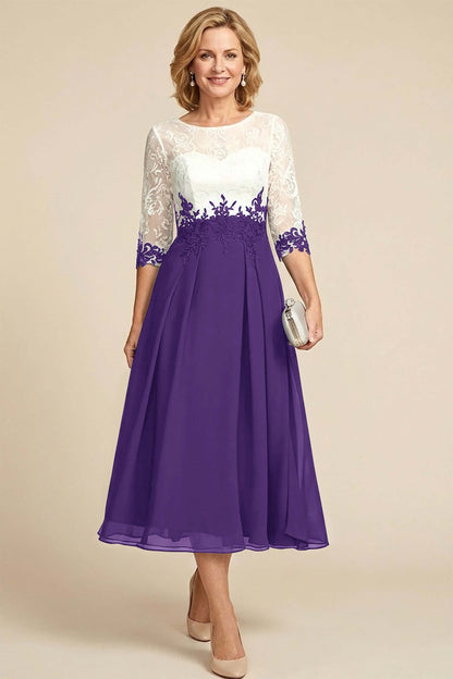 Navy Blue 3/4 Sleeve Two-Tone Lace Chiffon Mother Dresses