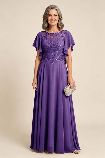 Lilac Scoop Neck Flutter Sleeve Lace Appliques Chiffon Mother Dresses
