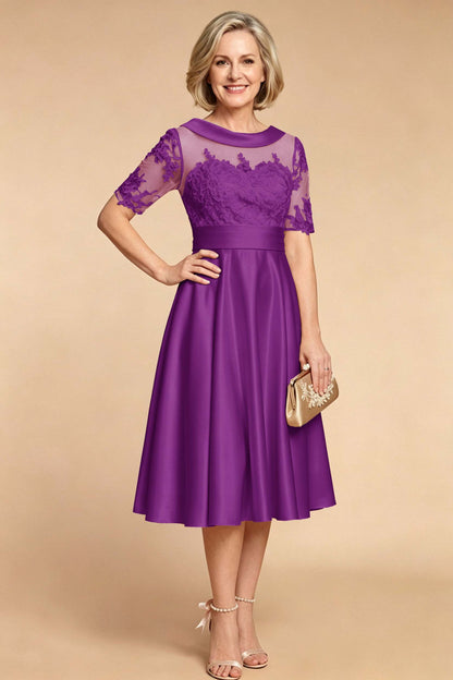 Champagne Imitation Stretch Satin Elbow Sleeve Tea-Length Mother Dresses