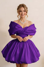 Ivory Off-the-Shoulder Bubble Hem Satin Homecoming Dresses
