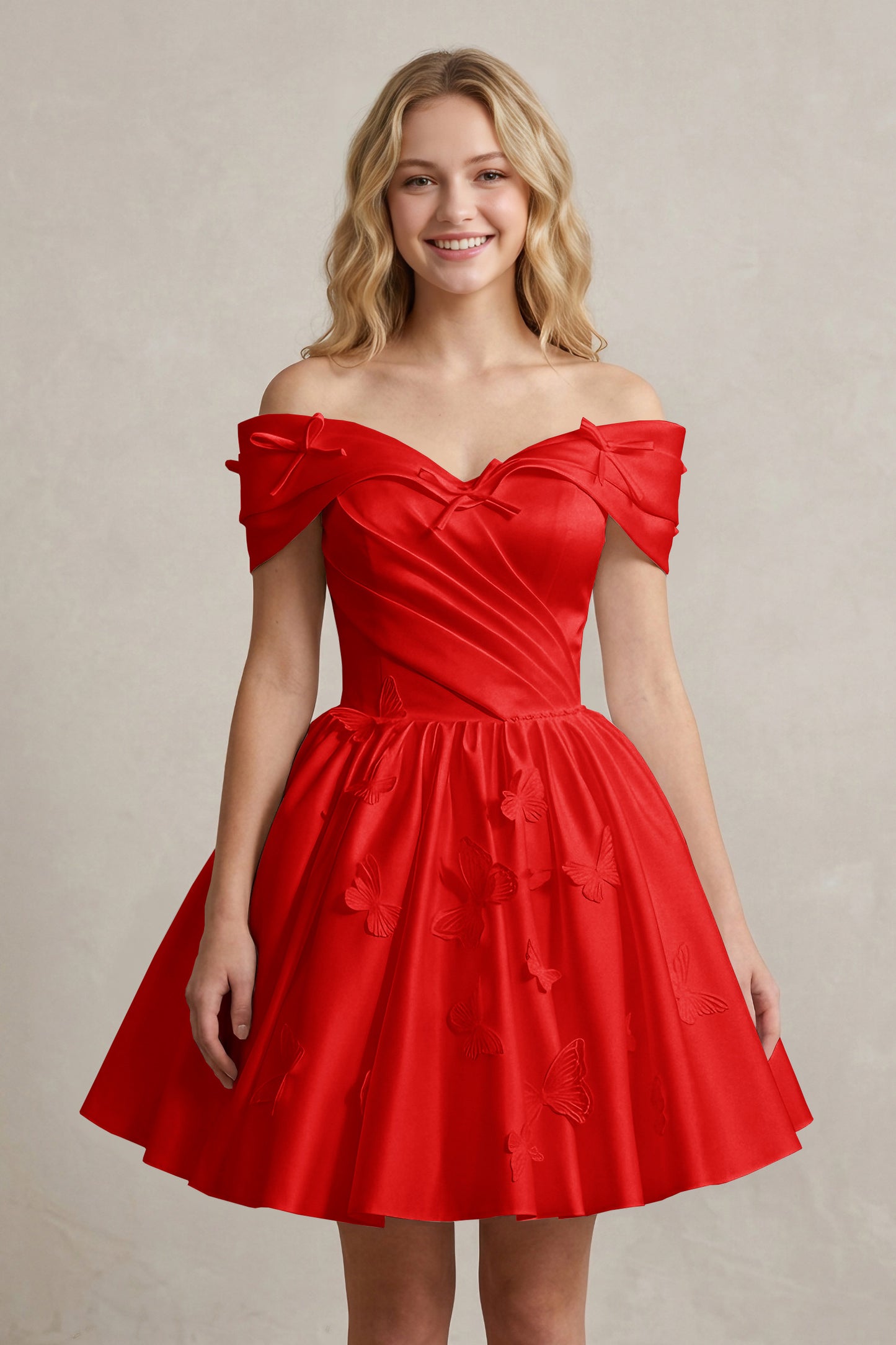 A Line Off Shoulder Ivory Satin Short Homecoming Dresses