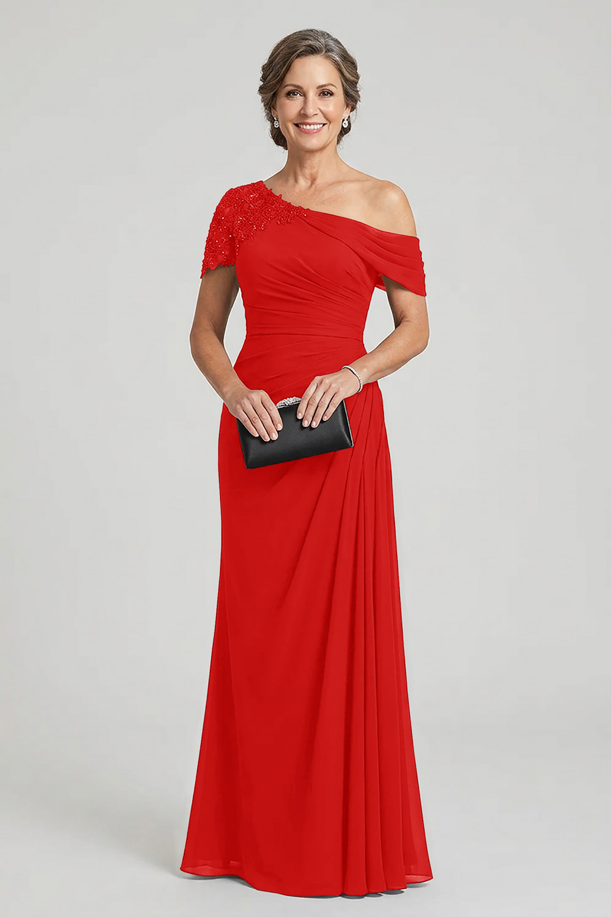 Black One-Shoulder Beaded Ruched Chiffon Mother Dresses