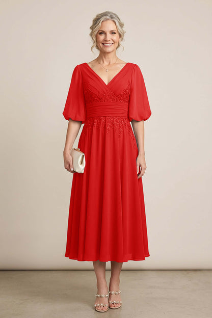 Dusty Blue V-Neck Lace Chiffon Tea-Length Mother Dresses