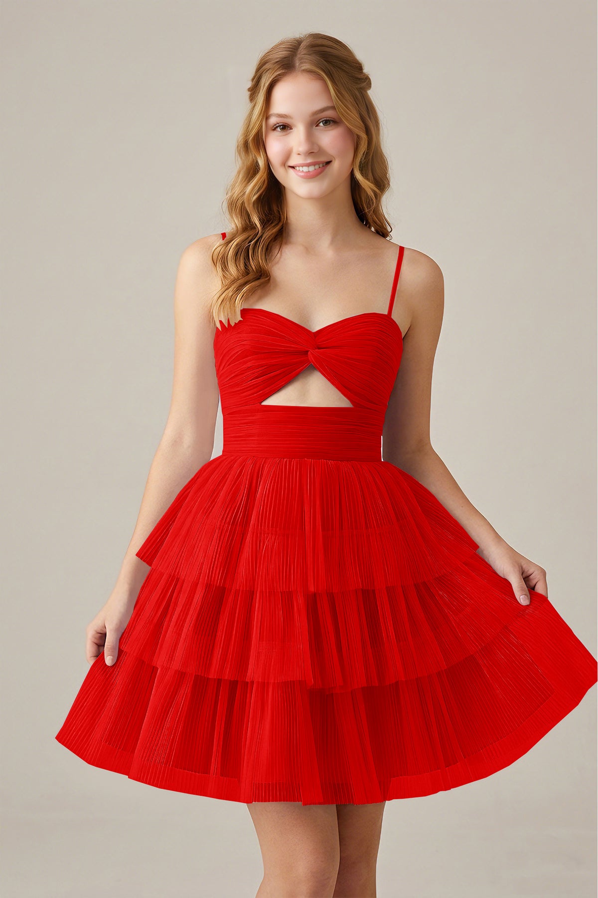 Olive Green Sleeveless Pleated Tulle Cutout Tiered Homecoming Dresses