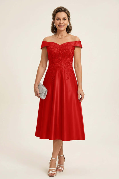 Peach Pink Off Shoulder Imitation Stretch Satin Tea-Length Mother Dresses