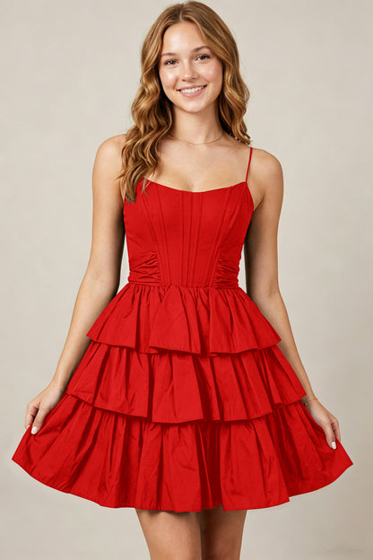 Spaghetti Straps Black Taffeta Tiered Mini Homecoming Dresses