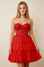 Strapless Misty Rose Lace Illusion Corset Glitter Tulle Homecoming Dresses