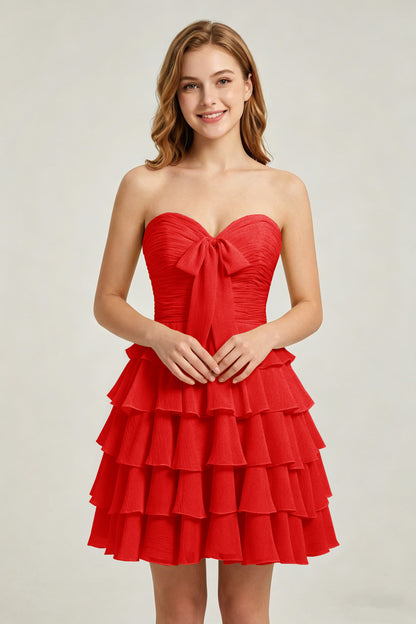 Strapless Yellow Chiffon Tiered Short Homecoming Dresses with Bow