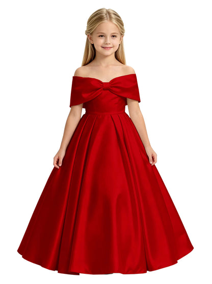 Off-the-Shoulder Satin Ball Gown Flower Girl Dress with Big Back Bow