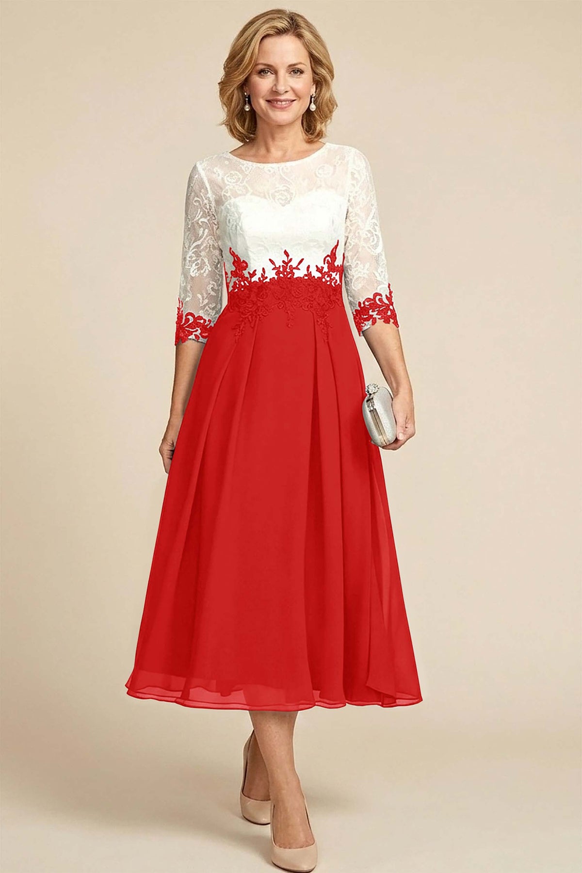 Navy Blue 3/4 Sleeve Two-Tone Lace Chiffon Mother Dresses