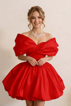 Ivory Off-the-Shoulder Bubble Hem Satin Homecoming Dresses