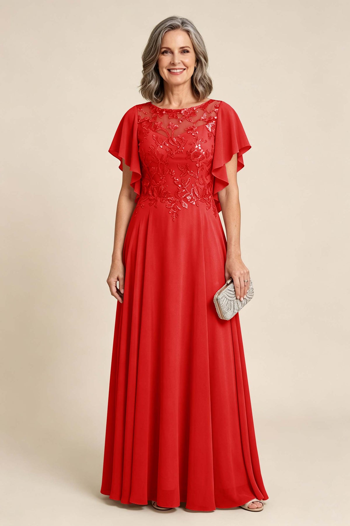 Lilac Scoop Neck Flutter Sleeve Lace Appliques Chiffon Mother Dresses