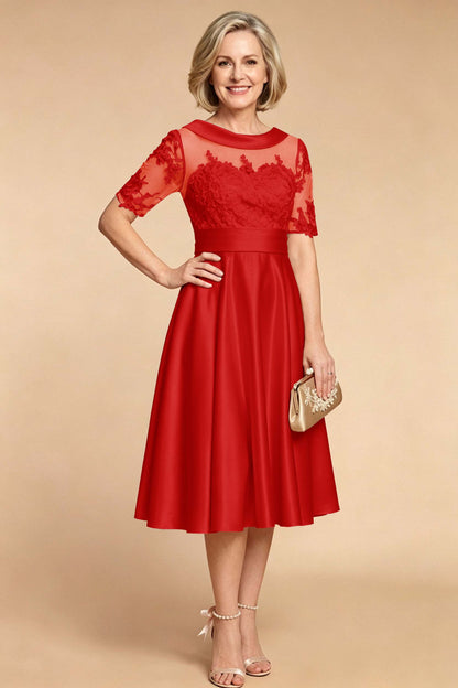 Champagne Imitation Stretch Satin Elbow Sleeve Tea-Length Mother Dresses