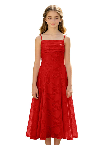 Elegant Pink Floral Jacquard A-Line Flower Girl Dress with Spaghetti Straps