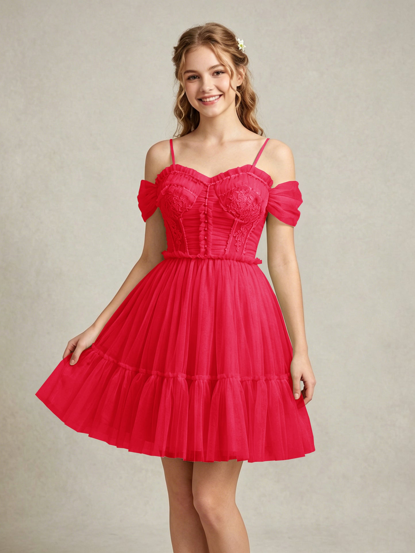 Cold Shoulder Lilac Tulle Dresses with Corset Bodice and Lace Appliques