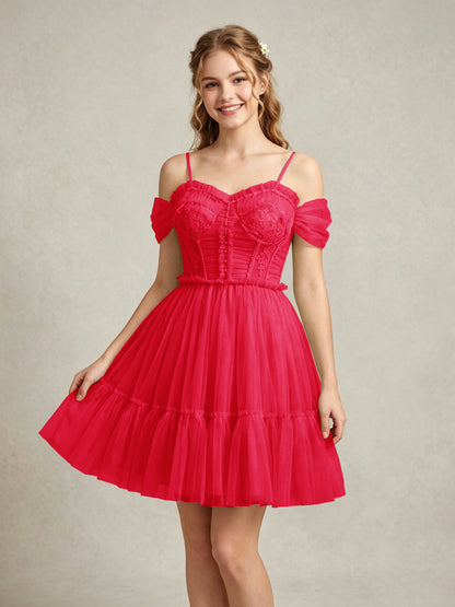 Cold Shoulder Lilac Tulle Dresses with Corset Bodice and Lace Appliques