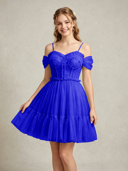 Cold Shoulder Lilac Tulle Dresses with Corset Bodice and Lace Appliques