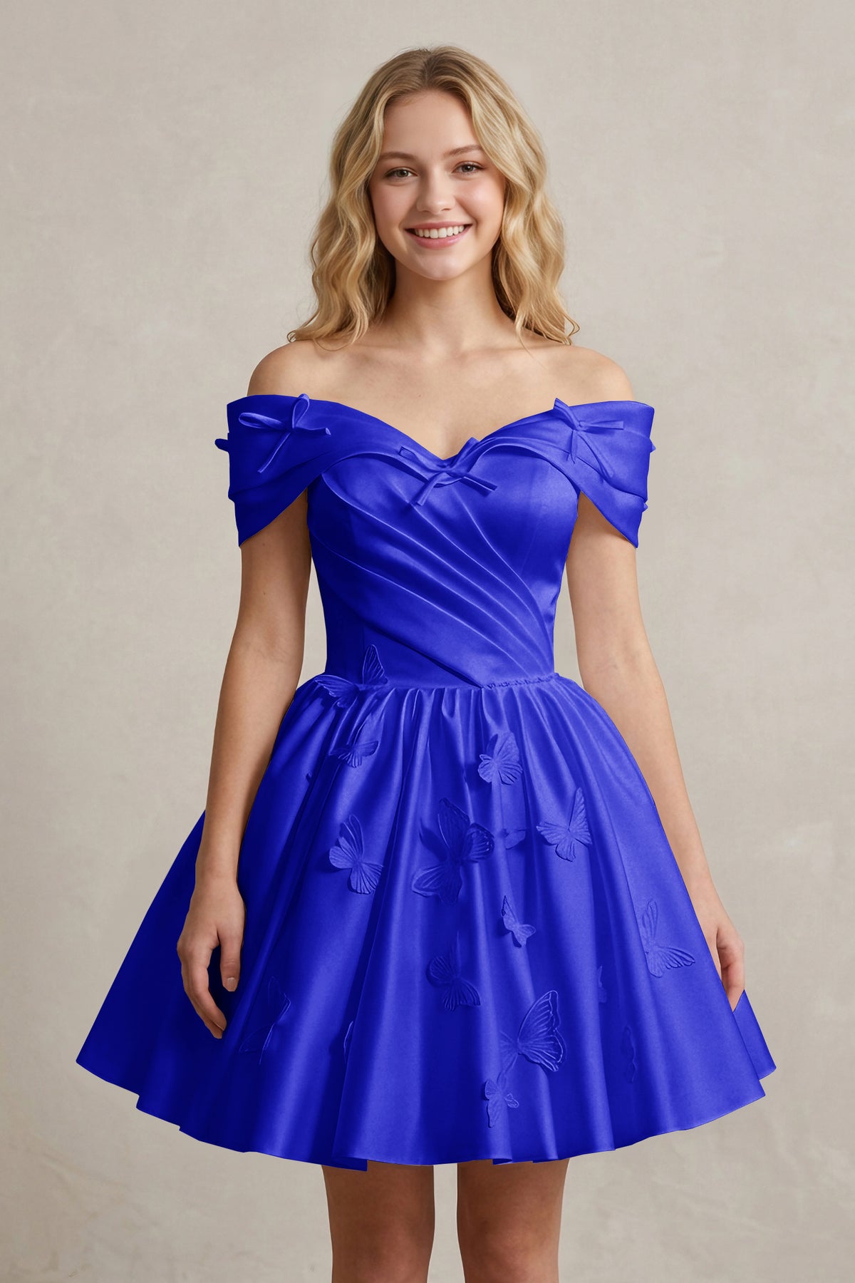 A Line Off Shoulder Ivory Satin Short Homecoming Dresses