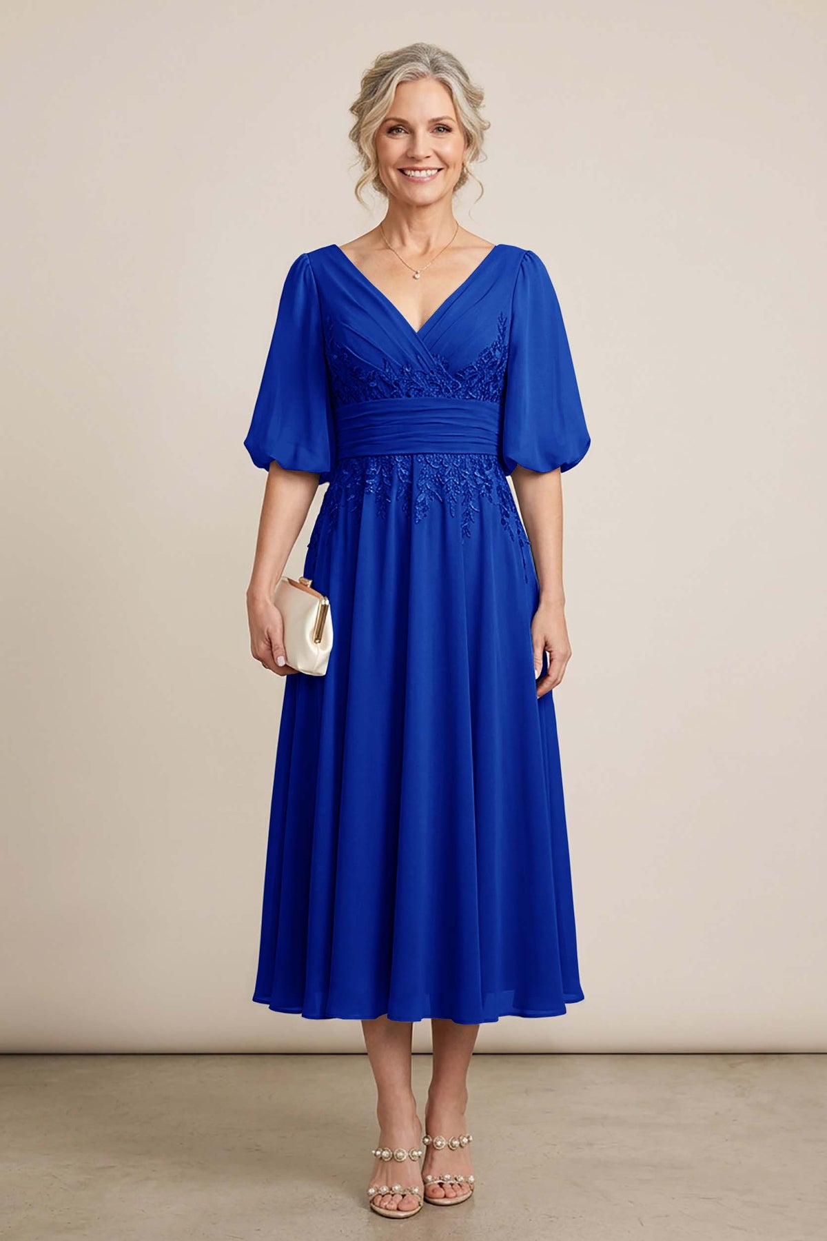 Dusty Blue V-Neck Lace Chiffon Tea-Length Mother Dresses