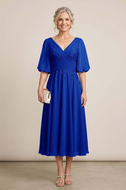 Dusty Blue V-Neck Lace Chiffon Tea-Length Mother Dresses