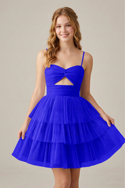 Olive Green Sleeveless Pleated Tulle Cutout Tiered Homecoming Dresses