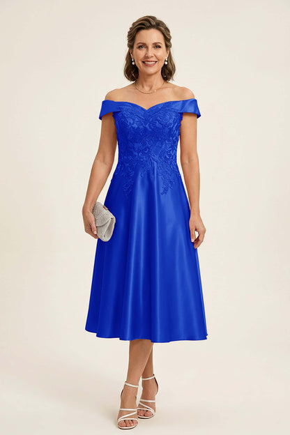 Peach Pink Off Shoulder Imitation Stretch Satin Tea-Length Mother Dresses