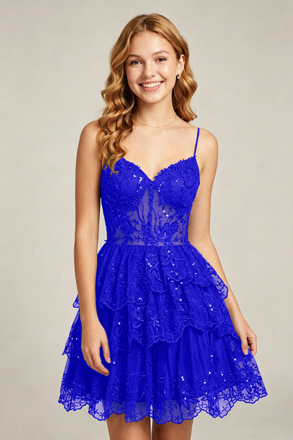 Sweetheart V-Neck Black Lace appliques Homecoming Dresses with Sequins