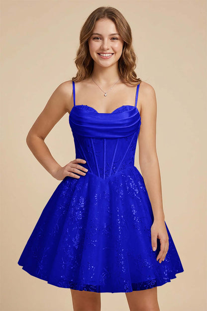 White Cowl Neck Sequin Satin Corset Homecoming Dresses