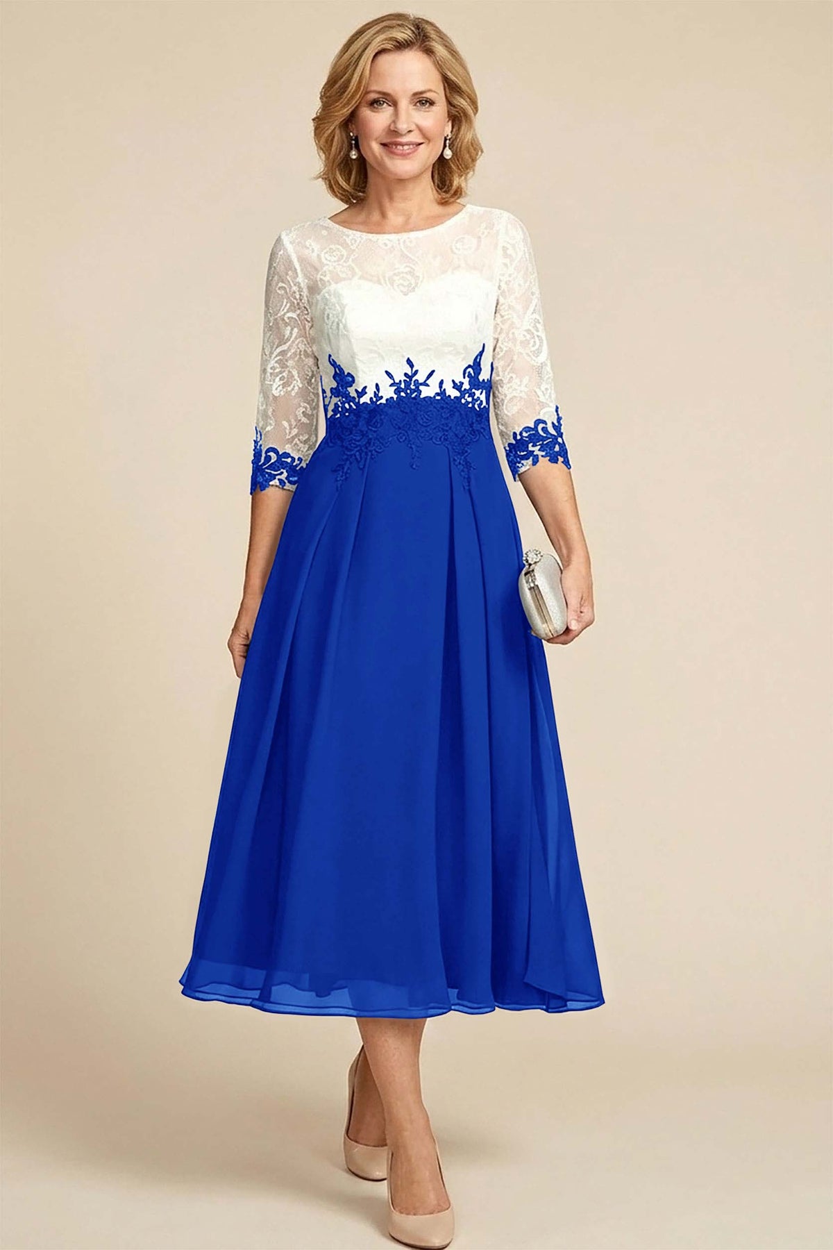 Navy Blue 3/4 Sleeve Two-Tone Lace Chiffon Mother Dresses