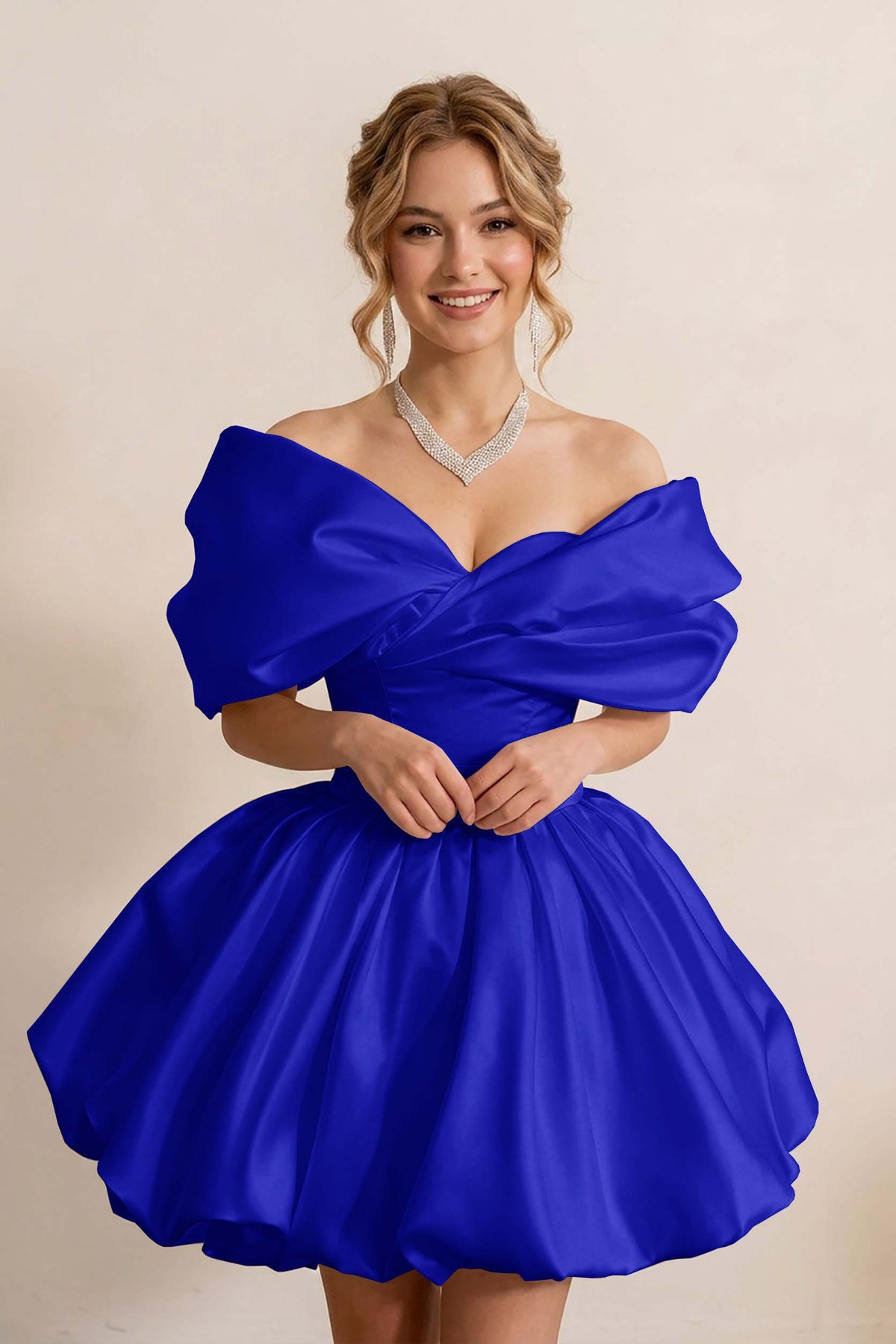 Ivory Off-the-Shoulder Bubble Hem Satin Homecoming Dresses
