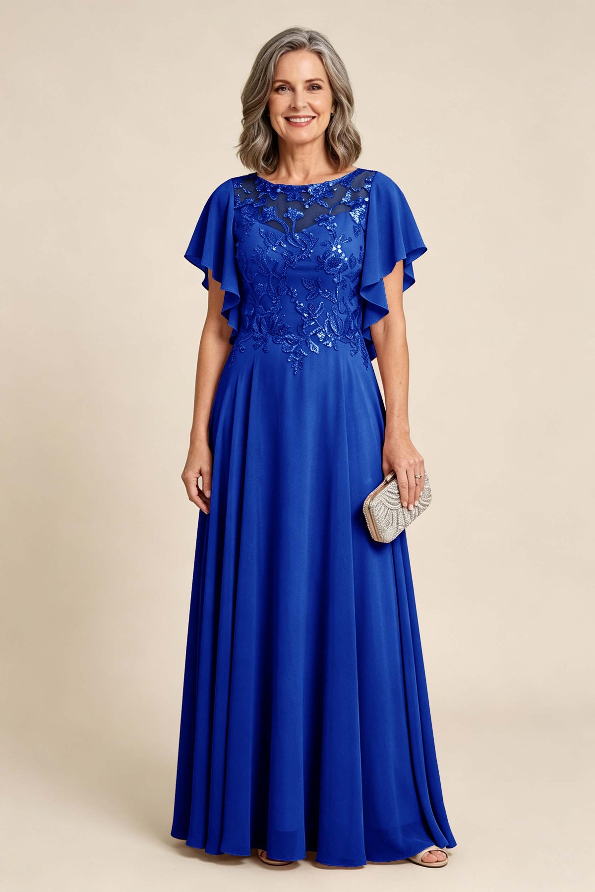 Lilac Scoop Neck Flutter Sleeve Lace Appliques Chiffon Mother Dresses