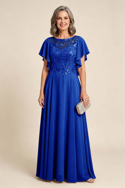 Lilac Scoop Neck Flutter Sleeve Lace Appliques Chiffon Mother Dresses