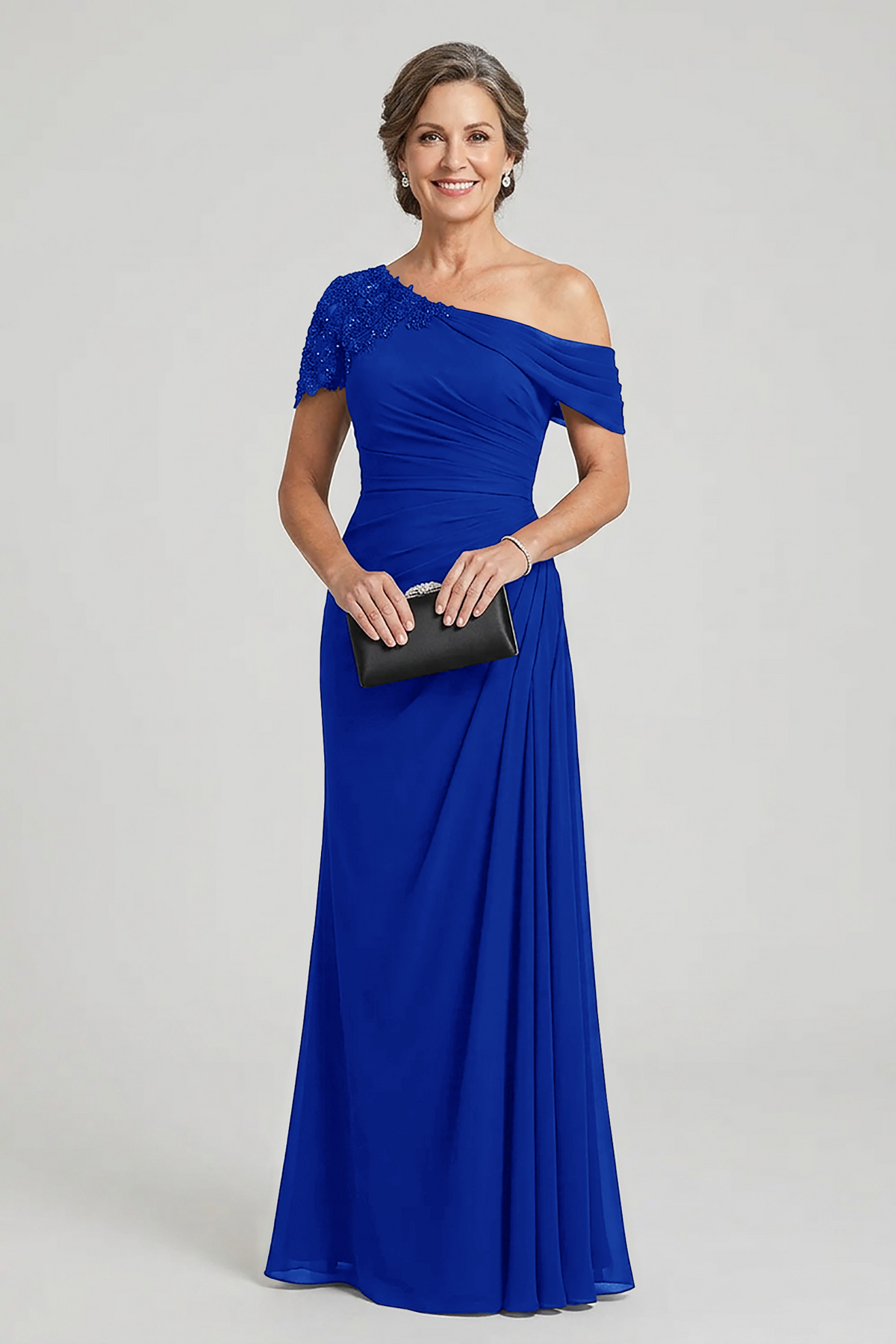 Black One-Shoulder Beaded Ruched Chiffon Mother Dresses