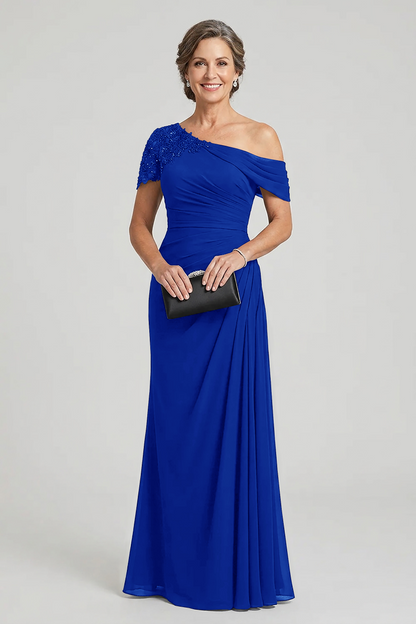 Black One-Shoulder Beaded Ruched Chiffon Mother Dresses