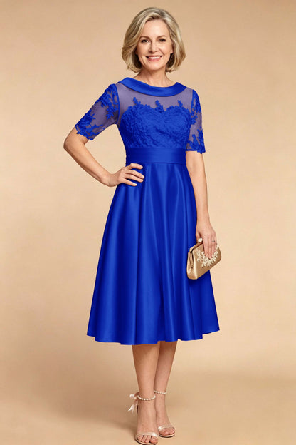 Champagne Imitation Stretch Satin Elbow Sleeve Tea-Length Mother Dresses