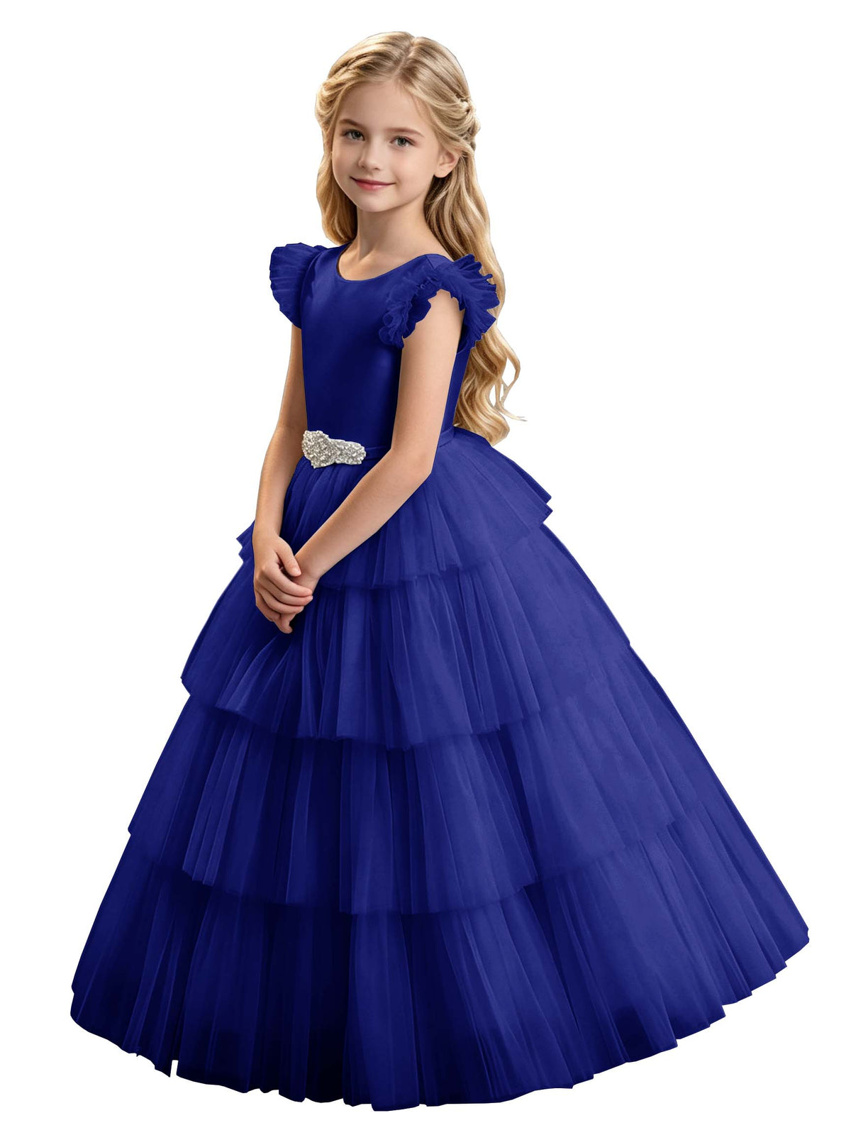 Sky Blue Tiered Tulle Flower Girl Dress with Rhinestone Belt & V-Back
