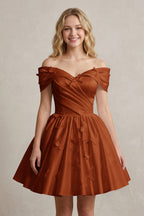 A Line Off Shoulder Ivory Satin Short Homecoming Dresses