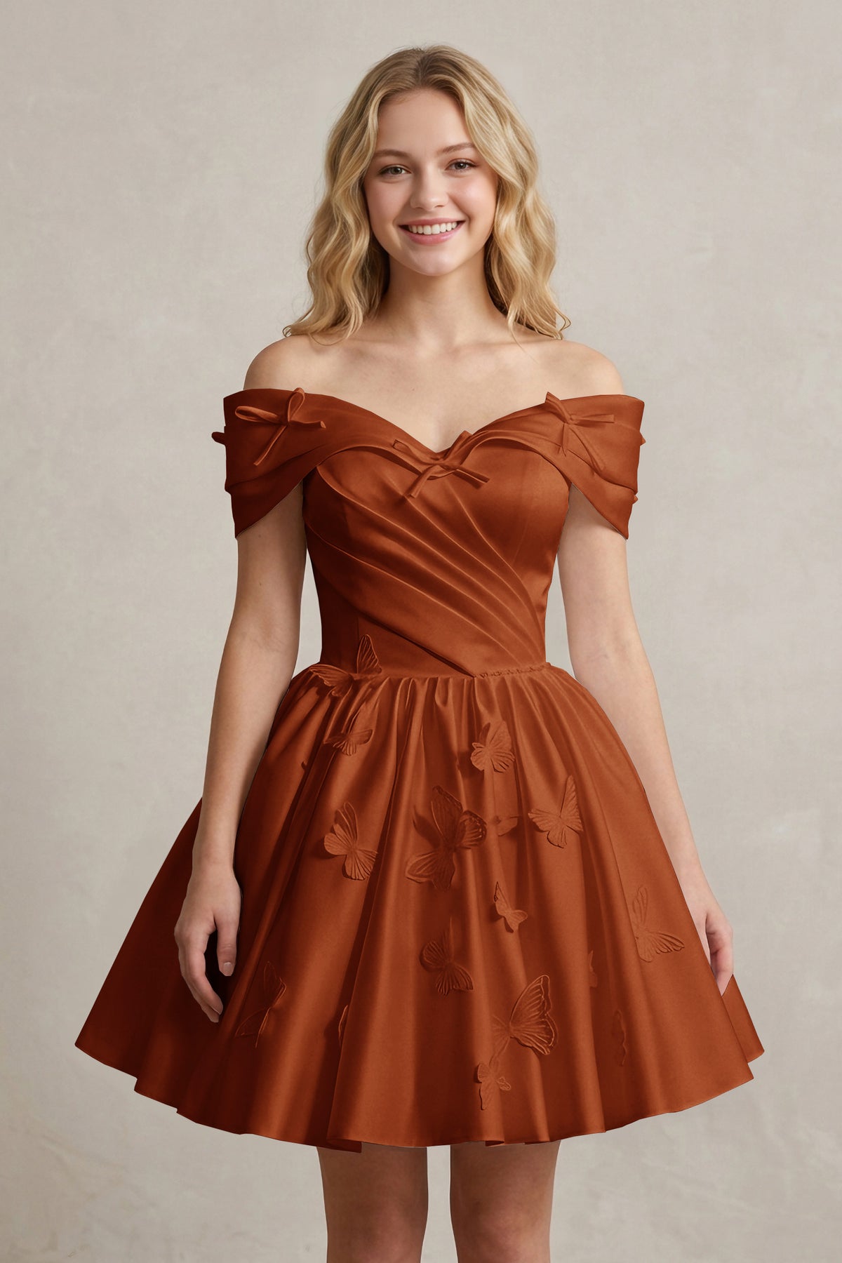 A Line Off Shoulder Ivory Satin Short Homecoming Dresses
