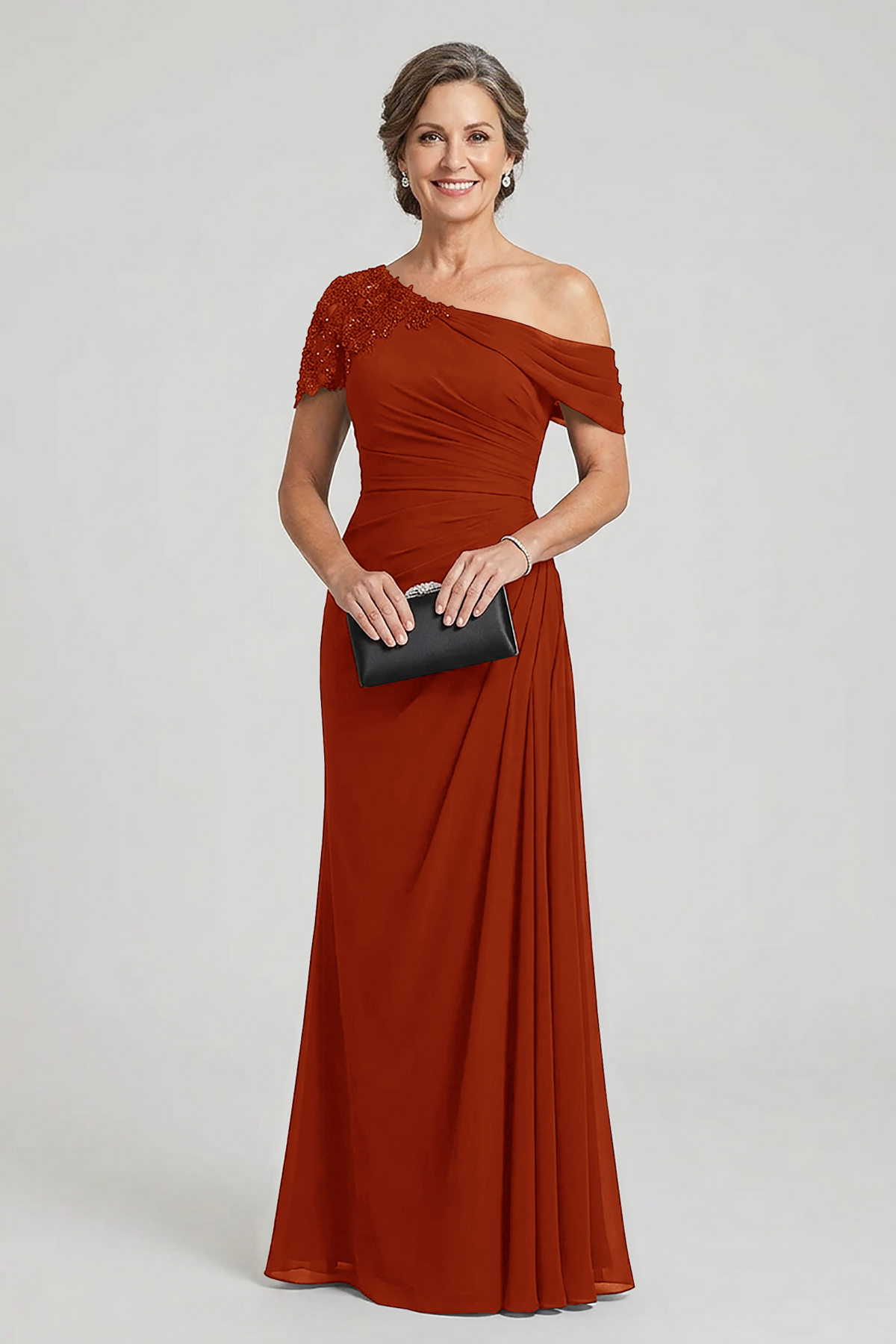 Black One-Shoulder Beaded Ruched Chiffon Mother Dresses
