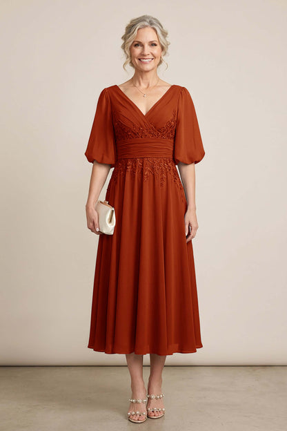 Dusty Blue V-Neck Lace Chiffon Tea-Length Mother Dresses